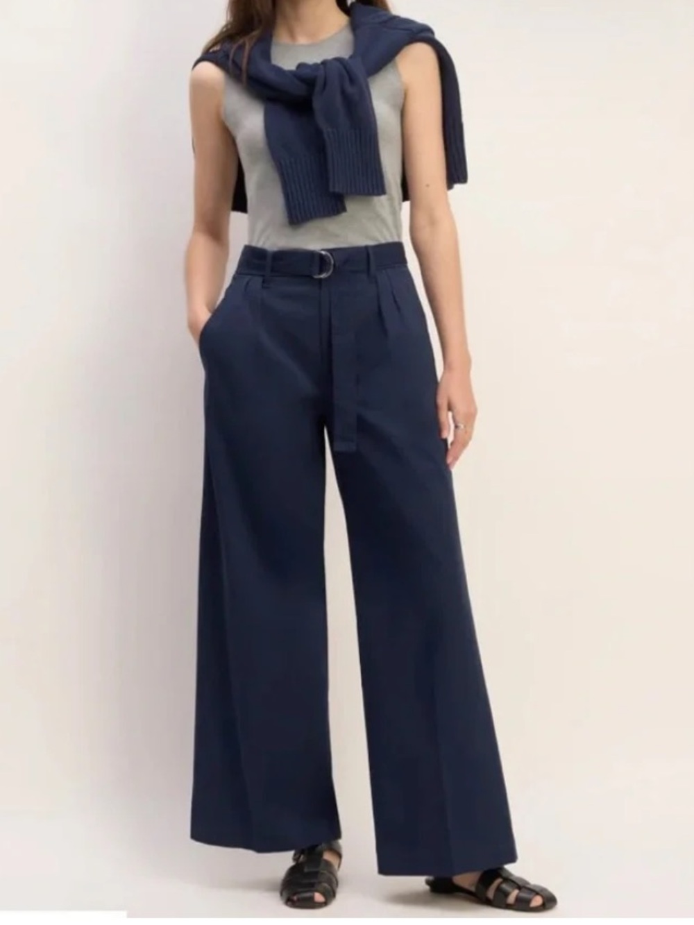 Everlane Wide Leg High Waisted Pleated Easy Trouse Pants Navy Blue 8 Regular